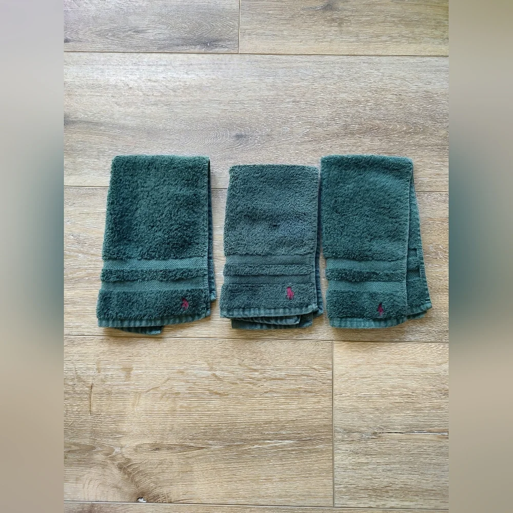 Ralph Lauren Home Vintage Polo Pony Green Hand Towels Set Of 3 Cotton USA Y2K